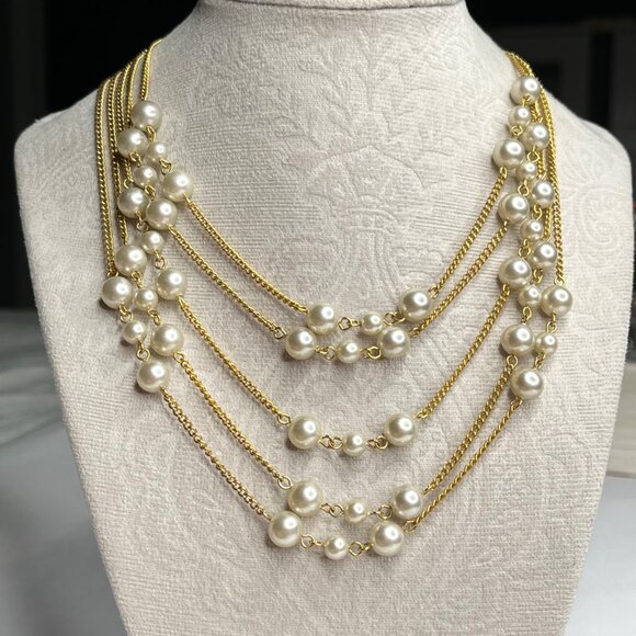 RARE Gorgeous Vintage 5 Strand Imitation Pearl Swag Statement Necklace - Picture 2 of 3